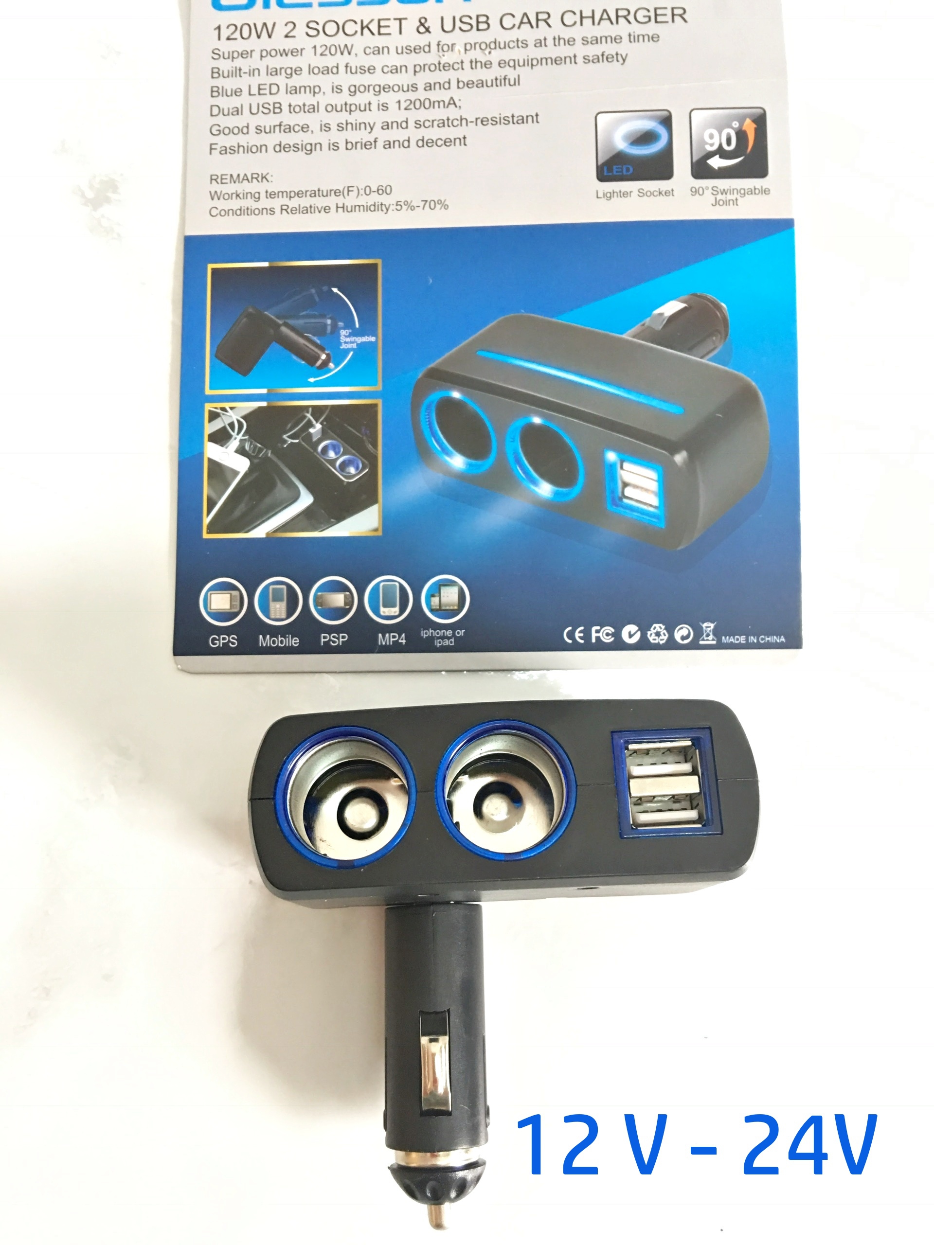 Tẩu Sạc Nhanh Ô tô- xe tải 2 tẩu và 2 cổng USB, đầu vào 12V -24 V